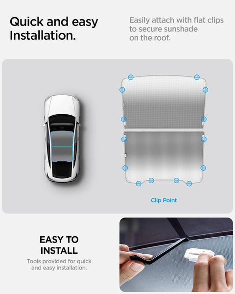Spigen CryoShade double-layer roof sunshade for Tesla Model Y Juniper, Amazon brand; clip-based installation shown.