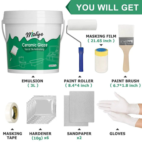 Tub And Tile Refinishing Kit With Odorless White Finish For DIY Bathtub Repair And Refacing Countertops Bathrooms Kitchens Sinks Tiles Includes Full Tools And A 3kg Pack Pro Grade shown with included items such as paint roller, sandpaper, and gloves.