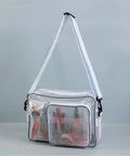 Killer Protective Clear Crossbody Tool Bag For Cleanroom Engineers Featuring Sick Storage And Secure Computer Carrying With Smooth Adjustable Straps That Are Zero Hassle, clear vinyl with tools inside.