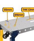 Close-up of Built Tough Folding Welding Table showing galvanized steel top measurements 65mm, Ø16mm, THK 1.2mm.