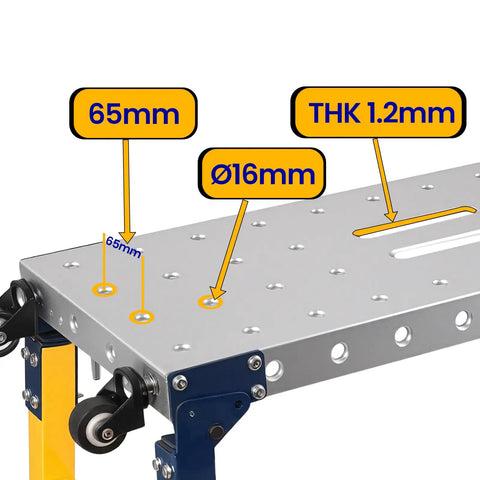 Close-up of Built Tough Folding Welding Table showing galvanized steel top measurements 65mm, Ø16mm, THK 1.2mm.