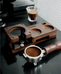 Smooth Operator Wood Espresso Tamper Station fits 51 and 58 mm baskets with non-slip base and coffee tamper.
