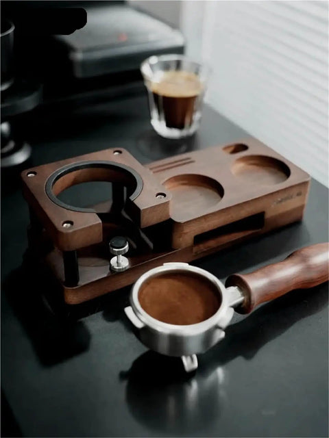 Smooth Operator Wood Espresso Tamper Station fits 51 and 58 mm baskets with non-slip base and coffee tamper.