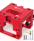 Heavy Duty Precision Aluminum Door Latch And Strike Plate Mortise Tool And Router Template Jig, red setup tool with measurement markings.