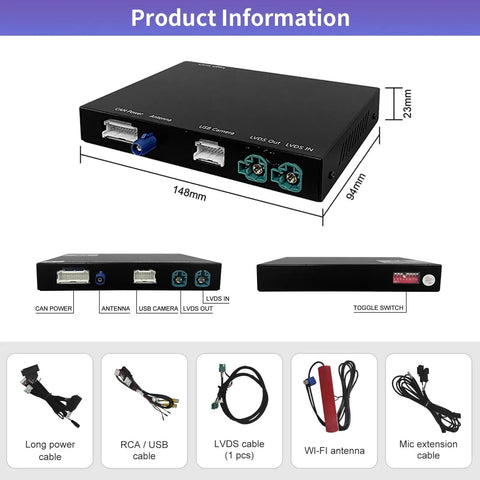 Wireless CarPlay Android Auto Retrofit Kit For BMW Mini Cooper NBT System 2014 To 2018 Upgrade To Factory Screen With Plug And Play Interface MirrorLink And Reverse Camera components including cables and module, measured dimensions visible.