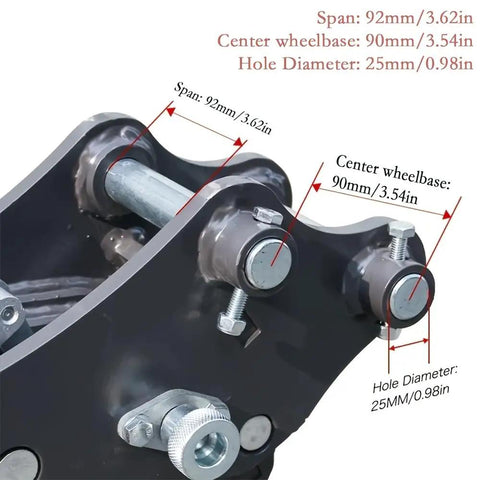 Fast Swap Quick Change Hitch For 1 Ton And Mini Excavators Mechanical Quick Coupler For Small Diggers Buckets Grapples And Attachments Built For Durable Easy One Person Swaps On Job Sites showing 92mm span and 25mm pin interface