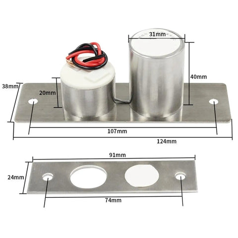 12V Mini Electric Bolt Lock Solenoid With Five Wire Feedback Sensor Tough As Nails Stainless Steel Build showing detailed dimensions.