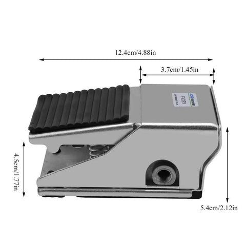 High Performance Pneumatic Foot Pedal Valve 3 Way 2 Position Air Control Directional Valve With G1/4 Thread Industrial Metal Construction for single acting cylinders and machine shop projects, showing dimensions.