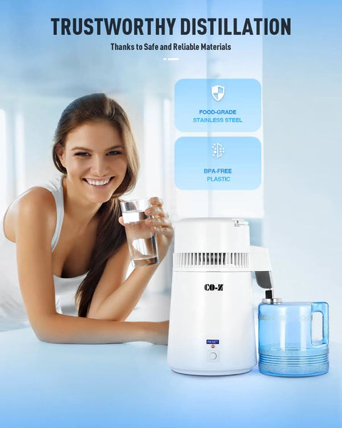 Zero Sweat 1.1 Gallon Water Distiller Smooth Countertop Pure Water Maker Featuring 750W Fast Processing And Totally Chemical Free Hydration making pure water.