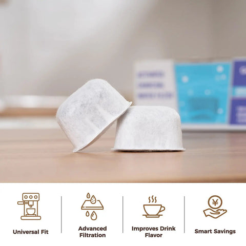 Two charcoal water filter cartridges on a table; 12 Pack Replacement Charcoal Water Filter Cartridges For Your Go-To Coffee Brewer Or Machine 1.0 And 2.0 Series Elite Classic Ultra Special Edition Platinum K200 K300 K400 K500 Compatible.