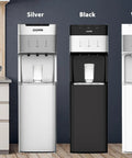 Three Self Cleaning Water Cooler Dispenser For Three To Five Gallon Bottles Bottom Load With Hot Cold And Room Temperature Water units in silver, black, and white.