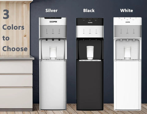 Three Self Cleaning Water Cooler Dispenser For Three To Five Gallon Bottles Bottom Load With Hot Cold And Room Temperature Water units in silver, black, and white.