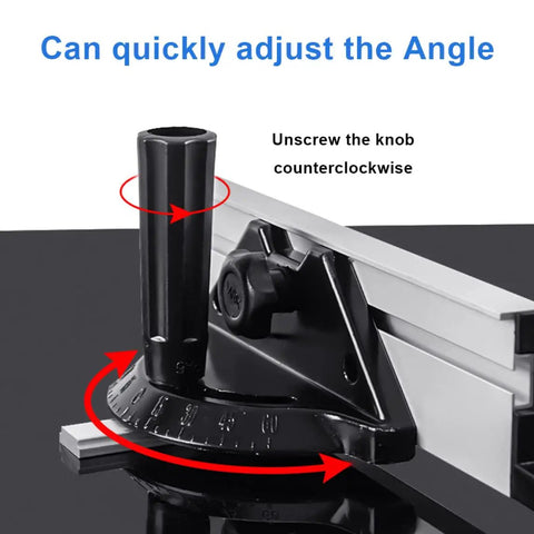 Rock Solid Adjustable Table Saw Miter Gauge With Precision Aluminum Fence And Clear Degree Scale For Dead Nuts Accurate Woodworking Cuts and Rapid Angle Adjustments, showing adjustable knob and angle scale.
