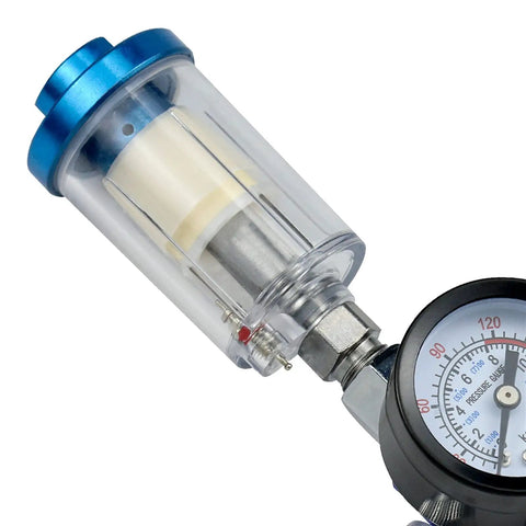Professional Spray Gun Pressure Regulator Featuring A No Nonsense Oil Water Separator Filter To Keep Damp Moisture Out and guarantee a straight up slick finish on every detail job, clear filter construction.