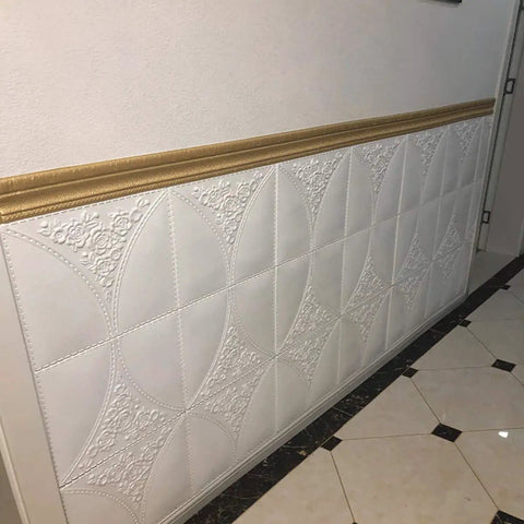 Self Adhesive Flexible Foam Molding Trim 90 Inch Long By 3 Inch Wide 3D Decorative Wall Border in white with floral design.