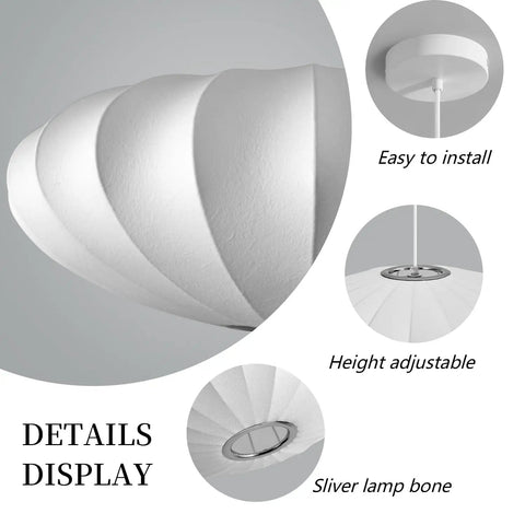11.5in Small Lantern Pendant Light, White Imitation Silk Bubble lamp with adjustable height and sliver lamp bone detail.