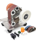 Badass Mini Belt Sander With Seven Tough Speed Settings And Locked In Fifteen Degree Guide, compact with sanding belts and accessories.