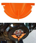 Spill Free Primary Oil Fill Funnel Kit with Oil Filter Wrench, 4 piece orange set installed on Harley Evolution for easy maintenance