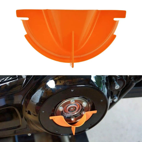 Spill Free Primary Oil Fill Funnel Kit with Oil Filter Wrench, 4 piece orange set installed on Harley Evolution for easy maintenance