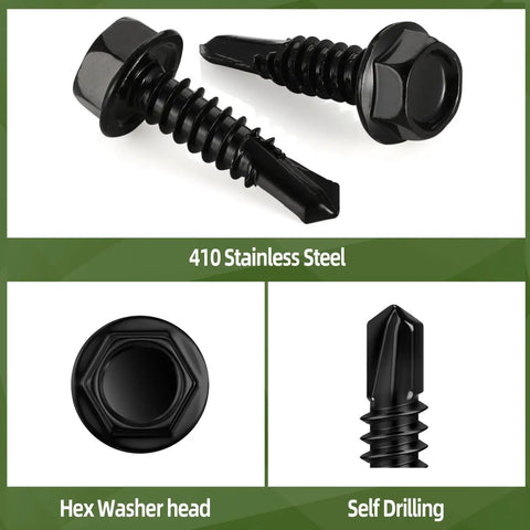 Black Hex Washer Head Sheet Metal Screws Set Size 14 Two And A Half Inch Self Drilling Flanged Self Tapping 410 Stainless Steel
