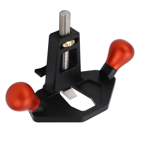 Precision Woodworking Router Plane And Hand Planer featuring CNC machined aluminum build with brass depth stop and red grips.