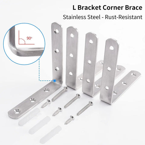 Heavy Duty 4X4 Inch L Brackets Solid Stainless Steel Corner Supports Rust Proof Shelf Braces Brushed Finish with Screws