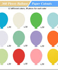 360 Die Cut Paper Balloon Cutouts 3.9 Inch Assorted Colors display with 30 pieces each of 12 colors for bulletin boards and crafts