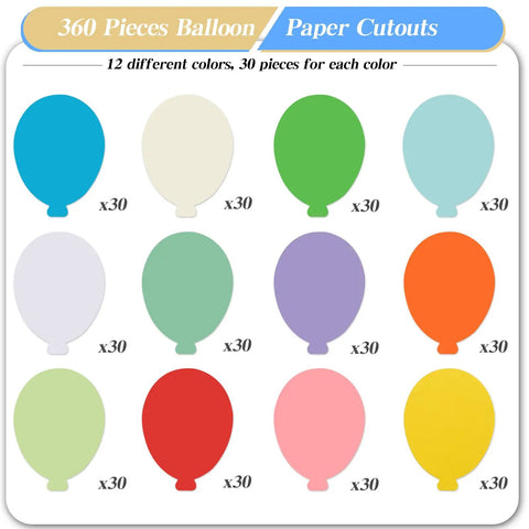 360 Die Cut Paper Balloon Cutouts 3.9 Inch Assorted Colors display with 30 pieces each of 12 colors for bulletin boards and crafts