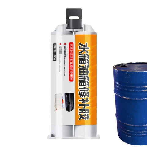 Go To Fix For Radiator Leaks Heavy Duty 50ml High Temp Adhesive And Instant Bond Sealant for automotive repair next to oil drum.