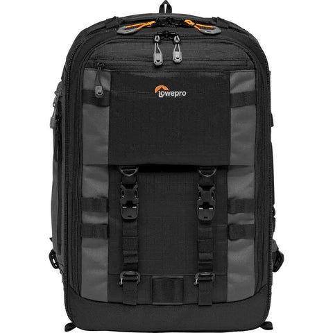 Front view of Pro Trekker BP 350 AW II Outdoor Camera Backpack with MaxFit Dividers, fits 15 inch laptop, black and dark gray.