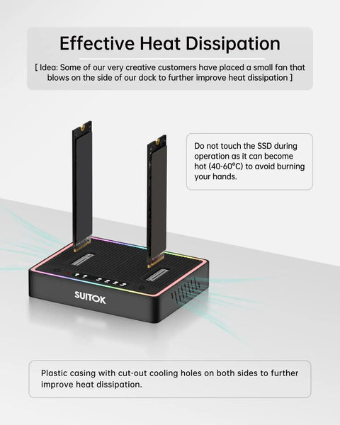 Dual Bay M.2 SSD Cloner Docking Station Offering 20Gbps Offline Duplication For Nvme To Nvme And Sata Drives With One Button Operation showcasing effective heat dissipation design.