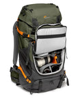 PhotoSport Pro 55L AW IV Camera Backpack For Mirrorless And DSLR Gear Medium To Large Green with open compartments showing lenses