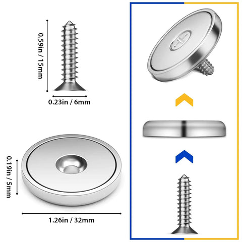 Eight Pack Neodymium Magnet Cups, 100 Lb Pull, Industrial Strength Rare Earth Magnets With Countersunk Hole, Round Base