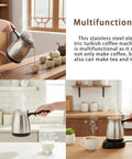 Electric Turkish Coffee Maker 600ml Capacity Brews 5 To 6 Cups, Multifunctional Large Capacity Brewing Pot, Stainless Steel 110V Coffee Brewer For Home Kitchen And Entertaining displayed with pouring and steaming functions in a kitchen setting.