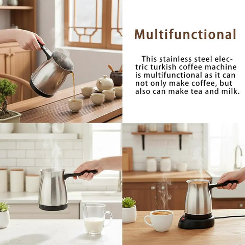 Electric Turkish Coffee Maker 600ml Capacity Brews 5 To 6 Cups, Multifunctional Large Capacity Brewing Pot, Stainless Steel 110V Coffee Brewer For Home Kitchen And Entertaining displayed with pouring and steaming functions in a kitchen setting.