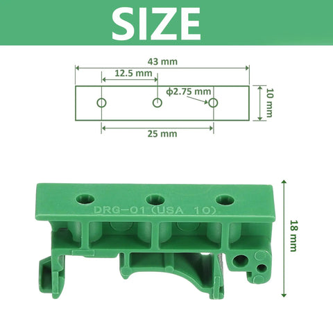 10 Pack DIN Rail Mount PCB Holder Clips For 35mm And 15mm C45 Rails size diagram and green clip 43x10x18mm