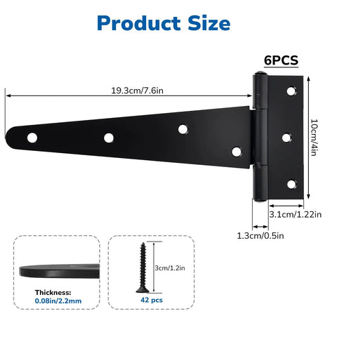 Heavy Duty 8 Inch T Strap Hinge Pack Of 6 For Wood Doors And Gates Ideal For Outdoor Sheds Barns And Fences Tee Hinge Black Screws Included For Easy Installation Durable Steel Construction Smooth 270 Degree Swing, product size with 7.6in hinge and screws
