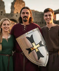 Three reenactors with Medieval Crusader Steel Shield Beefy 18 Gauge Armor Handcrafted Warrior Shield at a castle ruin