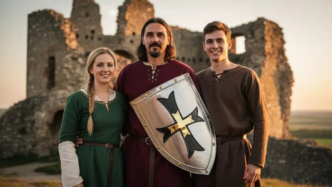 Three reenactors with Medieval Crusader Steel Shield Beefy 18 Gauge Armor Handcrafted Warrior Shield at a castle ruin