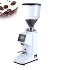 Pro Commercial Coffee Grinder Featuring Flat Burr Design With Built In Auto Tamper, white, digital screen, coffee beans in hopper.