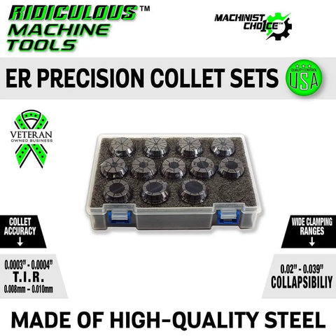 High Precision 13 Piece Spring Collet Set for ER11 Tool Holders 1mm to 7mm Range with 0.0003 Inch TIR in case