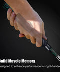 Close-up of a right hand holding a golf club with Golf Grip Trainer For Right Hand That Locks In The Perfect Grip, Builds Muscle Memory.