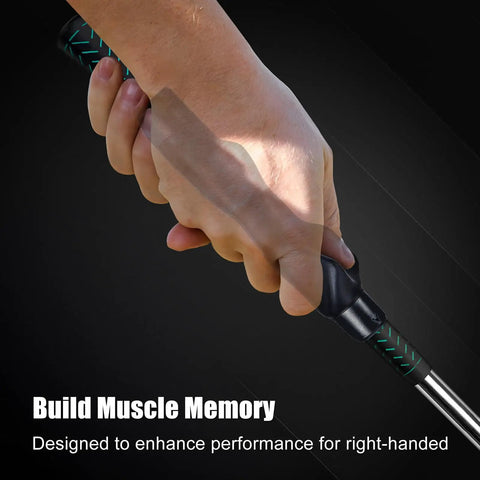 Close-up of a right hand holding a golf club with Golf Grip Trainer For Right Hand That Locks In The Perfect Grip, Builds Muscle Memory.
