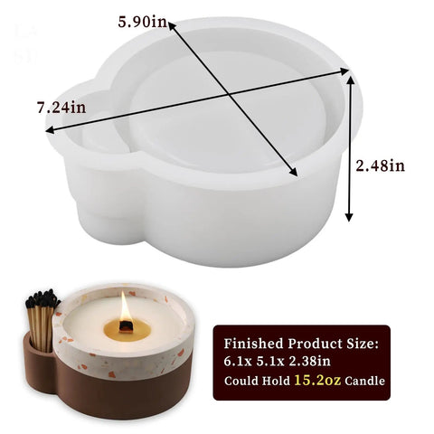 Big Ol Candle Holder Mold for Silicone Resin and Concrete DIY Vessels showing dimensions and finished candle example