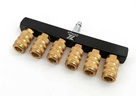 Six Way Air Manifold With One Quarter Inch NPT Quick Connect, industrial pneumatic splitter, six brass fittings
