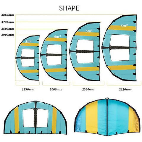 Size comparison of 5m2 Handheld Inflatable Windsurf Wing with window for kitesurfing and wing foiling, among other sizes.