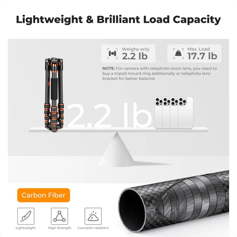60 Inch Carbon Fiber Tripod For Cameras Ultralight Travel Buddy weighs 2.2 lb with load capacity of 17.7 lb