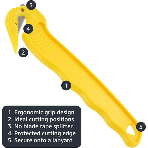 Disposable Film Cutter with Sharp Steel Blade and Safe Hidden Blade Design, Yellow Heavy Duty Office Tool for Warehouse and Mailroom