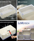 ABS Plastic Junction Box IP65 dustproof waterproof electrical enclosure with clear PC cover, shown in rain and dust environments.
