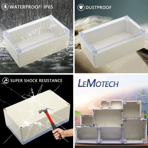 ABS Plastic Junction Box IP65 dustproof waterproof electrical enclosure with clear PC cover, shown in rain and dust environments.